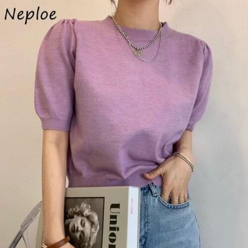 Neploe O Neck Puff Short Sleeve Pullover Knit Sweater Women Summer 2021 New Loose Causal Pull Femme Work Style Ol Sueter