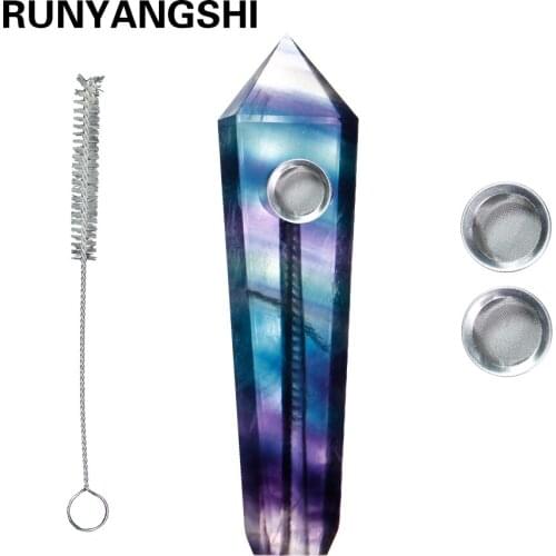 Runyangshi 1pc Natural Rainbow Fluorite Pipes Carb Hole Quartz Crystal Wand Point Healing with 3pcs Screen Filters and 1 Brush