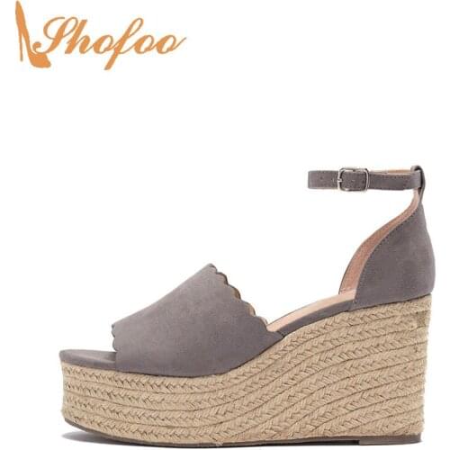 Grey Platform High Wedge Heels Sandals Women Large Size 12 16 Ladies Fashion Scallop Trim Adjustable Buckle Strap Shoes Shofoo