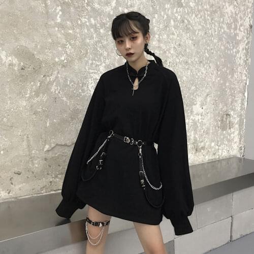 NiceMix Harajuku Solid Girls Buckle Sweatshirt Chain Spring Autumn Lady Sweatshirts Casual Loose Stand Collar Women Pullover