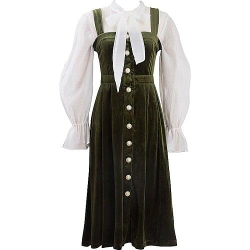 PERHAPS U Black Green Velvet Button Midi Dress With Shirt Bow Collar 2 Two Pieces Set Elegant Solid Vintage Autumn Winter T0290