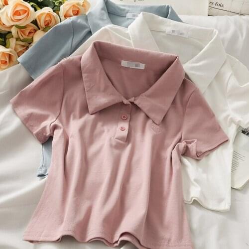 2021 Womens Summer Shirt Korean Style Retro Solid Color Embroidered Lapel Crop Top New Slim Casual Female Tops