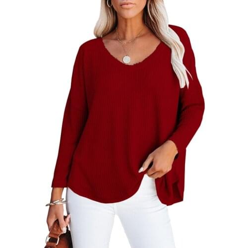 Womens Autumn V-Neck Long Sleeve Fashion Casual Loose Waffle T-Shirt Top Ladies Tee Top Camisetas De Mujer 2021