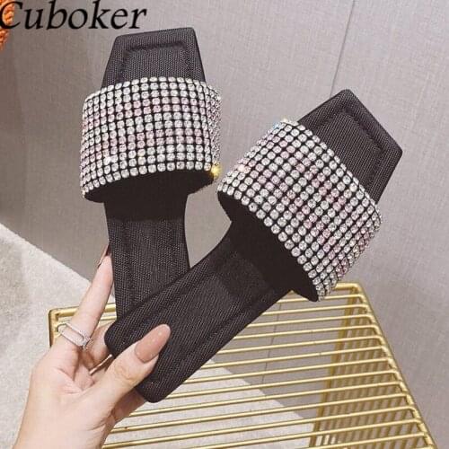 Crystal Women Flat With Slippers Fashion Brand Runway Square Toe Rhinestone Slides 2021 Summer Party Dress Shoes For Women Mujer