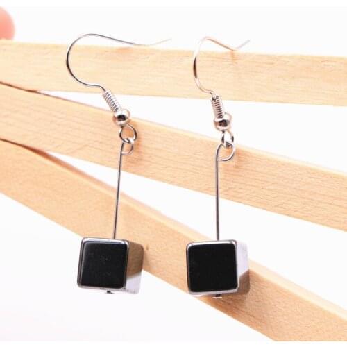 New Charms Women Statement Earring Natural Hematite Stone 8mm Cube Shape Earrings Beads Dangle Eardrop Gifs Fashion Jewelry A506