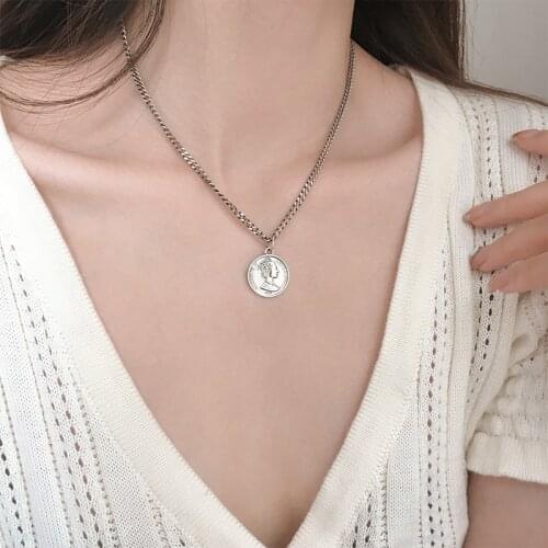 S925 Sterling Silver Retro Portrait Coin Necklace Female Design Round Chain Kpop Vintage Fine Jewelry Free Shipment Statement