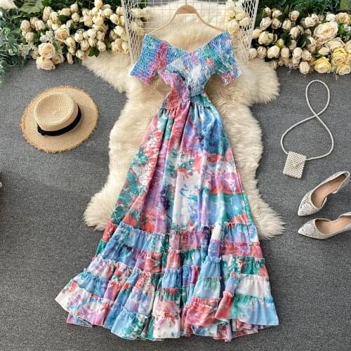 2021 Summer Women Tie-dye Floral Chiffon Dress Ladies Sexy V-neck Elastic Slim Dresses Holiday Beach Boho Long Dress Vestidos
