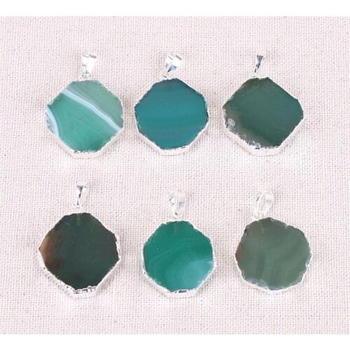 1pc Natural Stone Green Slice Agates Quartz Opal Stone Pendants Handmade Green Color Crystal Pendant Necklace