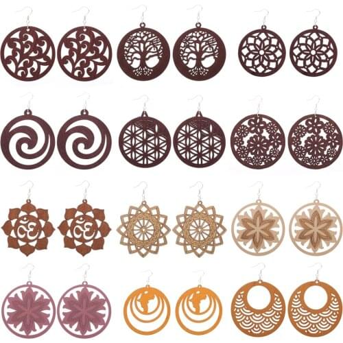 12 Pairs Different Styles Good Quality Wood Earrings Organic brown Hollow African Woman Wooden Brincos Pendant