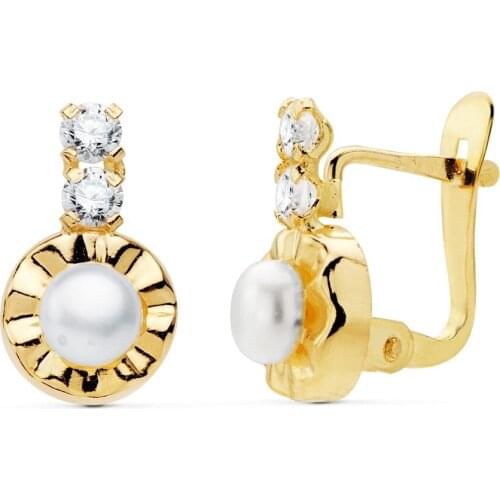 Earrings 18k gold girl 12mm. Pearl 4mm. Round detail carved zircon closure Catalan