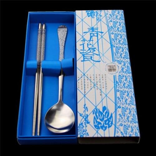 2Pcs Practical Stainless Steel Blue White Porcelain Cutlery Chopsticks Spoon Tableware Dinnerware Kitchen Utensils Sets