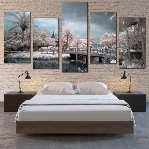 5 Pieces Wall Art Canvas Painting Scenery Poster Thailand Temple Water Bridge Modern Home Living Room Bedroom Decoration
