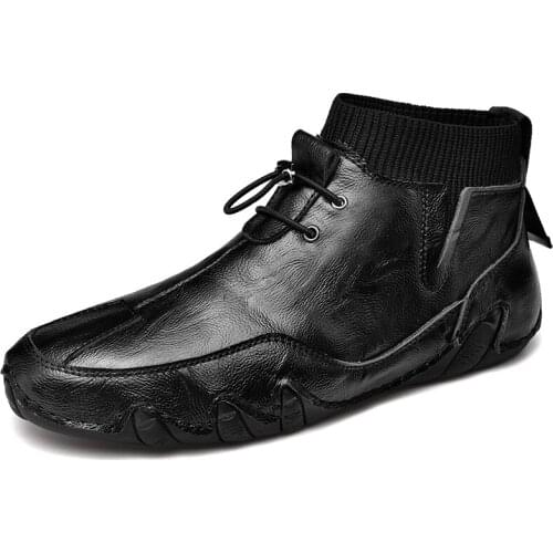 B64 Mens Casual Shoes New Adult Leather Two - Layer Cowhide Fashion Shoes Comfortable Wear-resistant Hand-sewn Socks Mens Shoes