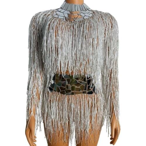 Flashing Mirror Shoulder Silver Fringe Dress Leotard Birthday Celebrate Costume Dancer Tassels Bodysuit Outfit Stage Wear XS2374