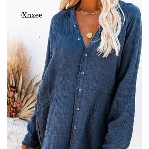 Spring and Summer Womens V-Neck Loose Womens Blouse Long-Sleeved Solid Color Shirt Shirt Button Pockets Summer and Autumn Wome