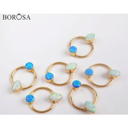 BOROSA 5Pcs Gold Electroplated Marquise White Opal & Round Blue Opal Charm Manmade Opal Pendant for Necklace Jewelry G1857