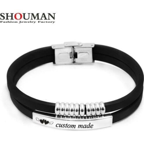 SHOUMAN Mens Womens Casual Black Multilayer Stainless Steel Silicone Bracelet Personalized Customized ID Jewelry Party Gift