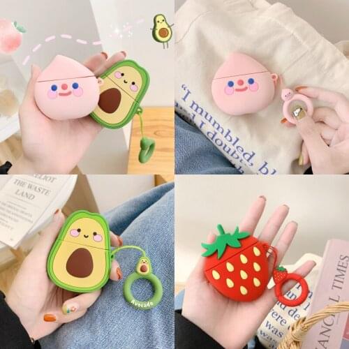 Headphone Case For Apple Airpods 1 2 Korean Cute 3D Cartoon Avocado Peach Strawberry Wireless Bluetooth Headset Silicone Cover