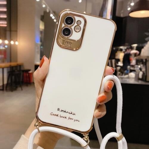 Neck Hanging Rope Strap Cord Chain Case for iPhone 12 Mini 11 Pro XS Max XR SE 2020 Crossbody Lanyard Glossy Plating Soft Cover