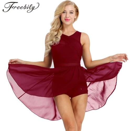 Adult Sleeveless Cutout Back Asymmetrical Chiffon Ballet Gymnastics Leotard Women Figure Skating Dress Lyrical Dance Costumes
