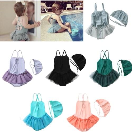 FOCUSNORM 3-8Y Summer Kids Girls Swimwear+Hats 2pcs Solid Strapless Backless Lace Beachwear 6 Colors