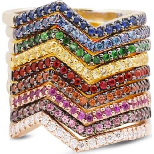 Huitan Simple Stylish Wave Shape Rainbow Women Rings 9 Colors Dance Party Girl Finger Ring Cute Daily Wear Gifts Fashion Jewelry