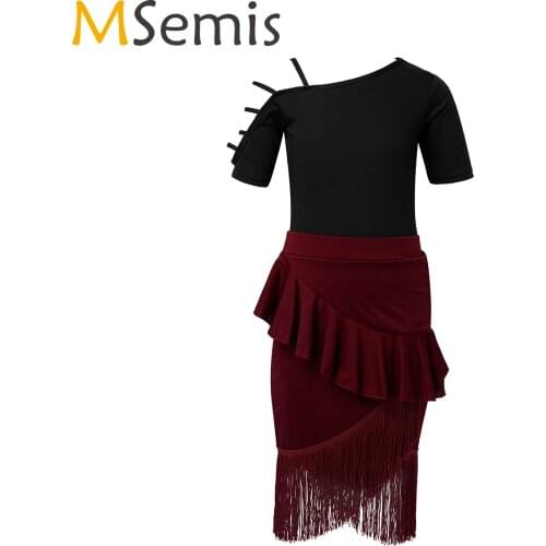 New Kids Child Girls Latin Dance Dress Fringe Latin Dance Clothes Salsa Costume Black Ballroom Tango Leotard Skirt Set For Sale