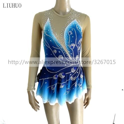 Figure Skating Dress Womens Girls' Ice Skating Dress Roller skating Blue gradient color Delicate rhinestone pattern