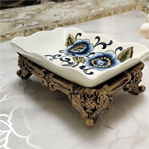 Hotel Bathroom Draining Hole Vintage-inspired Soap Box Ice Crack Ceramic Soap Dish Gold Color Resin Pedestal Soap Tray Soap Rack