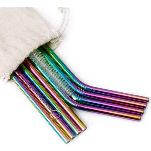 Rainbow Color Reusable Drinking Straws Eco-Friendly 304 Stainless Steel Straws Set Metal Cocktail Straws Set Bar Party Accessory