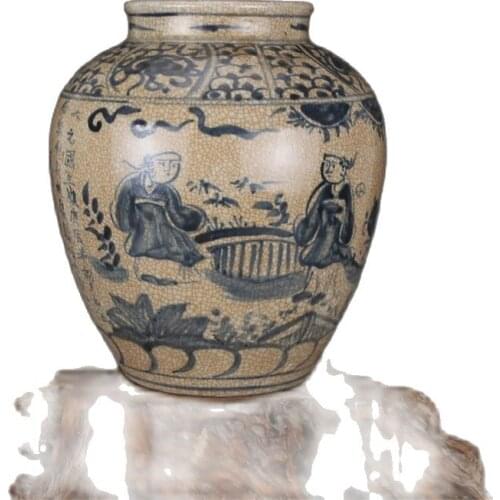 Early collection of antique porcelain decorative ornaments of blue and white figure pot of Yuan Dynasty