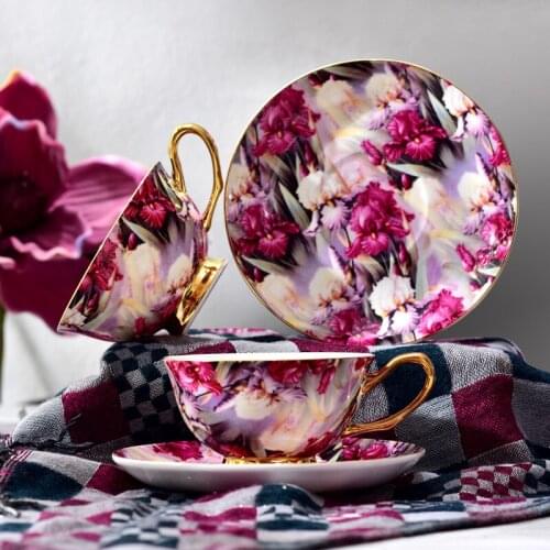 Luxury Europe Bone China Cups Saucer Set Afternoon Flower Teacup Pastoral Style Porcelain Coffee Cup With Spoon Cafe Drinkware