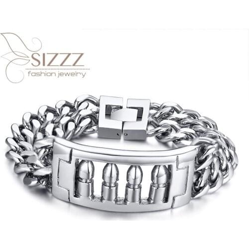 SIZZZ 2020 European and American trendy male domineering thick stainless steel bullet double chain bracelet&bangles for men