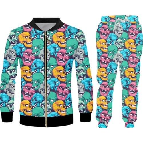 IFPD 3D Jogger Pants And Jackts Mens Set Hip Hop Color Skull Print Sweatshirt Pants Polyester Tracksuits Streetwear Sportswear