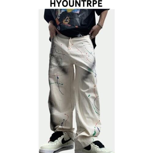 High-street Fashion Graffiti Printed Denim Jeans Pants Mens Casual Zipper Straight Trousers Hip Hop Streetwear Pants Men Joggers
