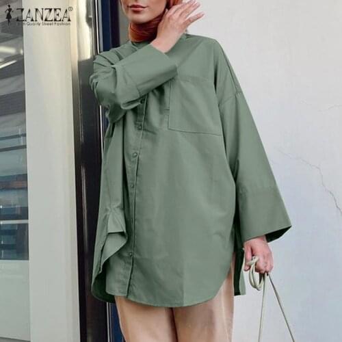 ZANZEA Vintage Shirts Women Spring Blouse 2021 Casual Elegant Long Sleeve Turkish Blouse Female Solid Islam Clothing Plus Size