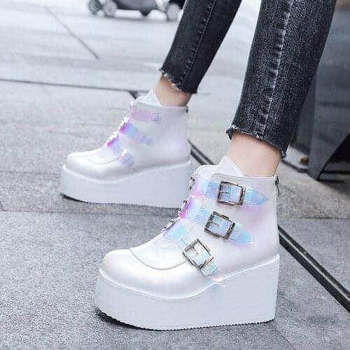 XUANMEILUN Winter Metal Buckle Ankel Boots Women Punk Female Platform Boots Wedges High Heels PU Women Boots Botas Mujer