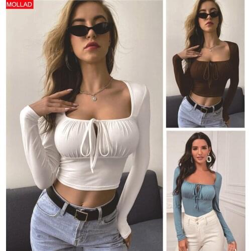 Autumn Square Collar Lace up Long Sleeve Short Slim Fit Solid Color Street Trendy Ins Womens T-shirt 2021