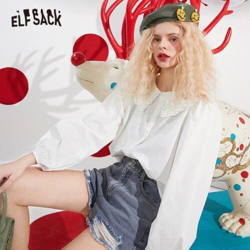 ELFSACK Solid Pure Single Breasted Casual Hollow Out Shirt Women,2021 Spring Vintage Peterpan Collar,Ladeis Basic Summer Top