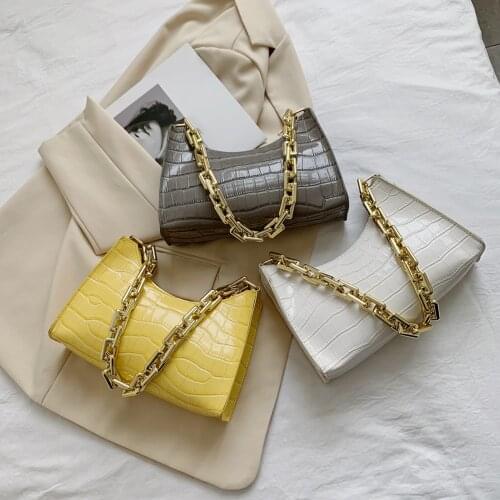 2021 New Women Underarm Bag Casual Thick Chain Alligator Pattern Pure Color Casual PU Leather Chain Handbag Purse