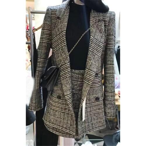 2Pcs/set Womens Plaid Suit Lapel OL Blazer Houndstooth Jacket Coat + High Waist A-line Skirt Leisure Checked Skirt Casual Suit