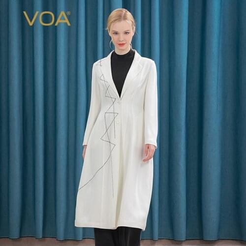 VOA Silk Trench Coat FE21 Lapel Broken Pleat Irregular Arch Needle Spring OL Wind Suit Long Windbreaker Jacket Women Fashion