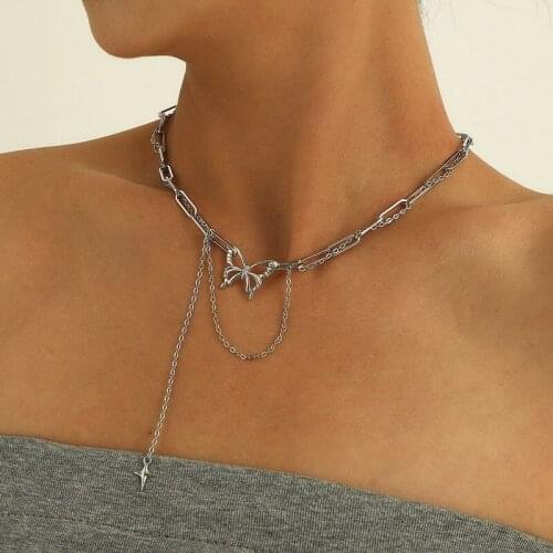 Vintage Punk Alloy Butterfly Cross Star Pendant Necklace for Women Multilayer Thick Chain Clavicle Necklace Colar Jewelry Gift