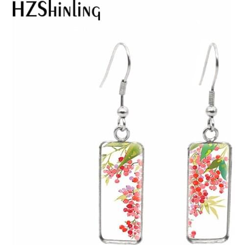 2020 New Cherry Tree Earring Pink Yellow Flowers Painting Rectangular Hook Earrings Glass Dome Photo Jewelry Gifts Women