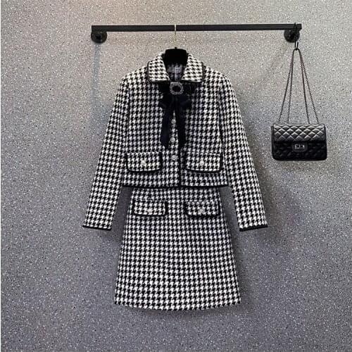 2021 Autumn New Tweed 2 Piece Set Women Luxury Bowknot Pearl Button Houndstooth Short Jacket Coat+High Waist A Line Skirt Suit