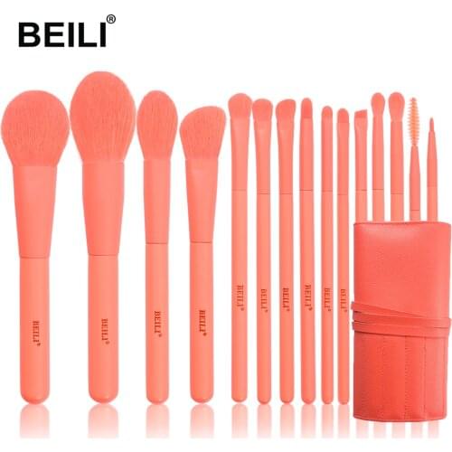 BEILI Coral Red 15 pcs Synthetic Make up Brushes Powder Highlighter Eye Blending Eyebrow Blush Professional Makeup Brushes Kit