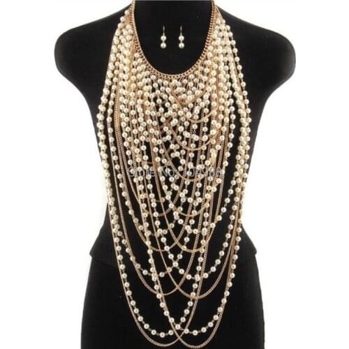 FREE SHIPPING NEW STYLE P24 WOMEN FASHION WHITE IMITATION PEARLS BODY CHAINS JEWELRY GOLD COLOUR CHAINS BEADS JEWELRY 2 COLORS