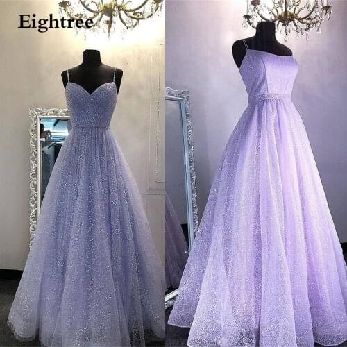 Glitter 2 Designs Lavender A Line Spaghetti Long Evening Prom Dresses Sweetheart Sleeveless Formal Party Gown Graduation Dress