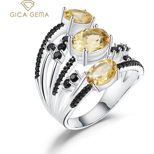 GICA GEMA Natural Citrine Gemstones Rings For Women 925 Sterling Silver Oval Three Yellow Gem With Nano Smoky Lady Fine Jewelry