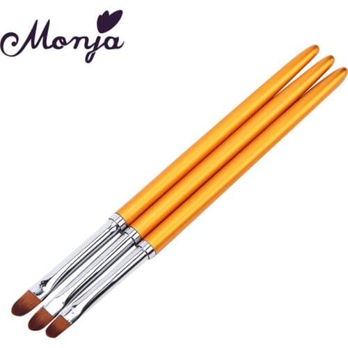 Monja 3pcs Nail Art Metal Handle UV Gel Powder Dust Cleaning Brush Flower Painting Drawing Pen Home DIY Manicure Tool